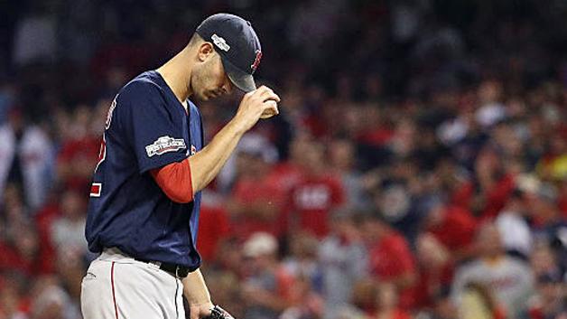 CLEVELAND, OH - OCTOBER 06:  Rick Porcello #22 of the Boston Red Sox reacts on the pitchers mound in the fifth inning against the Cleveland Indians during game one of the American League Divison Series at Progressive Field on October 6, 2016 in Cleveland, Ohio.  (Photo by Maddie Meyer/Getty Images)