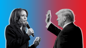 Graphic of Kamala Harris (left) and Donald Trump (right).