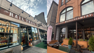 The outside of Rail Trail Flatbread Co. (left) and New City Microcreamery (right) in downtown Hudson