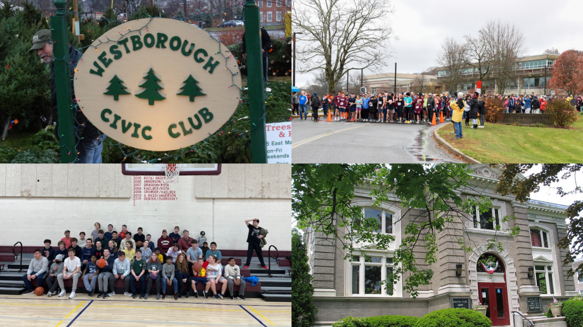 A collection of images from the Civic Club (top left), Turkey Trot (top right), Special Olympics (bottom left), and the library (bottom right).