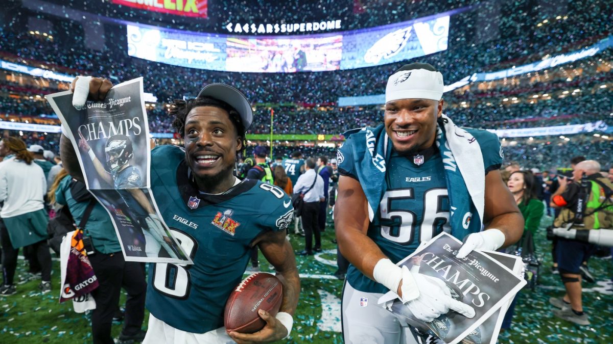 Image of C.J. Gardner-Johnson (left) and Jalyx Hunt (right) celebrating after the Eagles win the Super Bowl. (Source: npr.org)